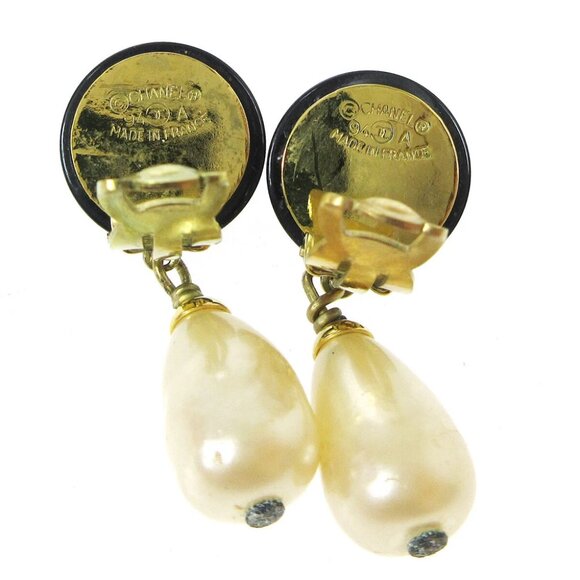 Chanel Artificial Pearl Dangle Earrings Clip-On Black 94A - Picture 3 of 6